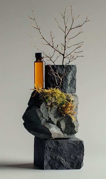 Photo basalt column podium with geometric structure amber cylindri elegant backdrop stand photo