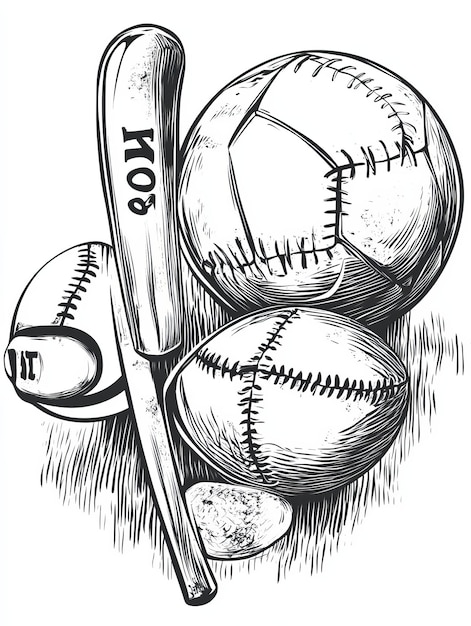 Photo baseball bat and balls in a rustic woodcut style