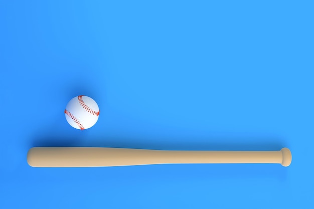 Baseball bat and baseball ball isolated on blue background 3D render illustration