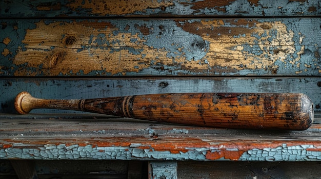 Baseball bat and glove on a bench in a dugout gritty texture and dramatic lighting