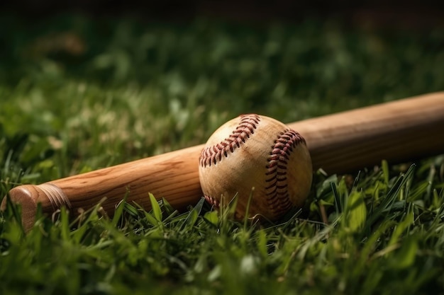 A baseball and bat on the grass Generative AI