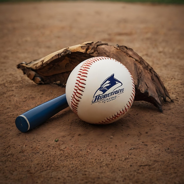 Photo a baseball and bat on the ground with a blue logo on it