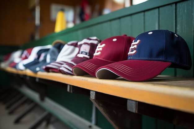 Photo baseball caps lined up on a bench in the stadium