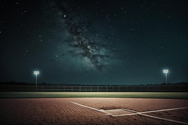 A baseball field with a milky way in the background