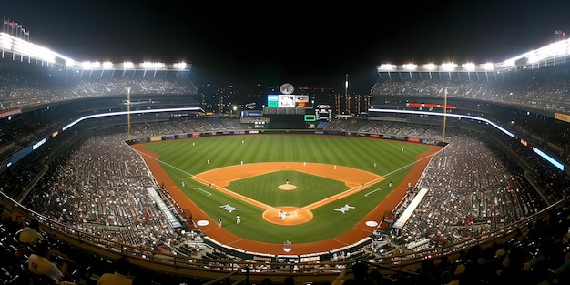 Baseball game illuminated by stadium floodlights