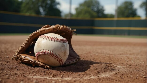 Baseball glove and ball on the field