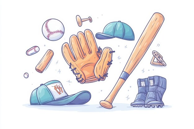 Photo a baseball glove catching a ball surrounded by a bat a baseball cap a scoreboard a stadium a whistle and a pair of cleats cartoon doodle hand drawn illustration