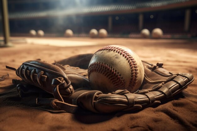 Baseball in glove laying on pitcher's mound of ball field AI generated