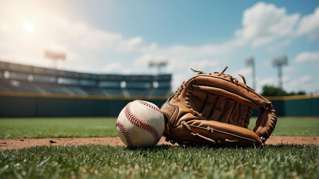 Baseball glove with ball on field