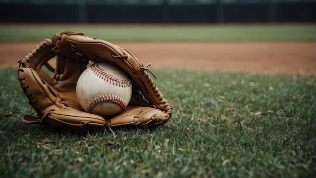 Baseball glove with ball on field