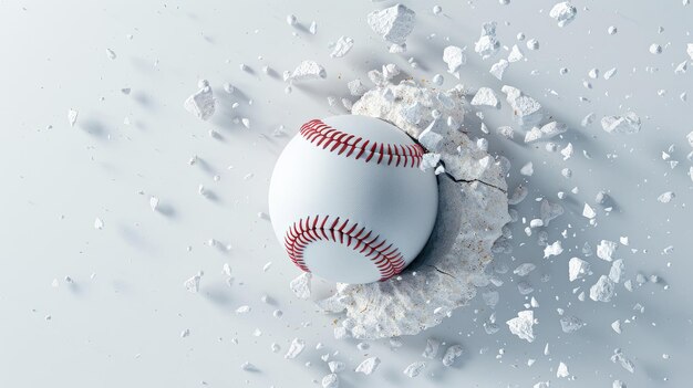 Photo a baseball has broken through a cracked white wall leaving a hole and debris on the floor