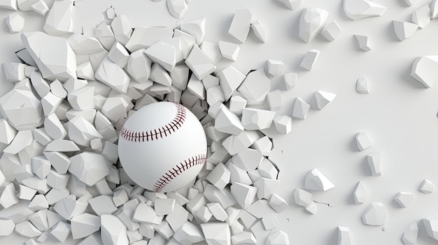 Photo a baseball has broken through a cracked white wall leaving a hole and debris on the floor