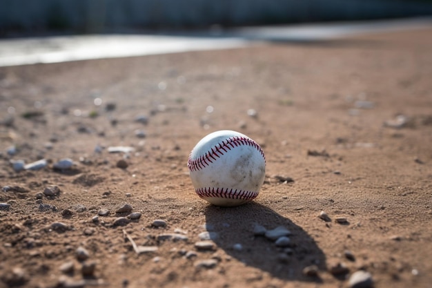 A baseball lies on the gravel outside the dugout prior to a minor league game