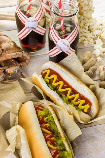 Baseball party food with balls and glove on a wood table.