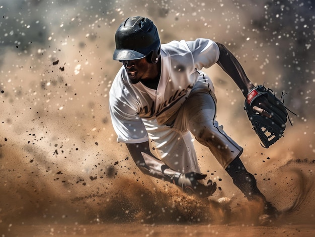 Photo baseball player in action sliding into base with dirt flying