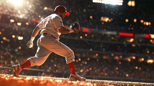 Photo baseball player hitting ball on green field