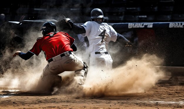 Photo baseball player sliding into base during game