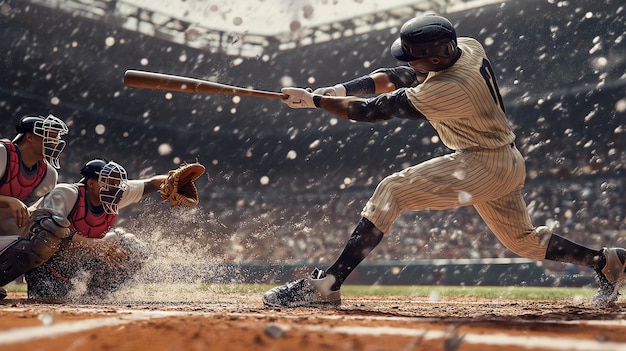 Photo a baseball player swings at the ball sending a cloud of dirt into the air the