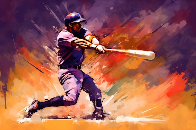 A baseball player swings a bat in a colorful painting.