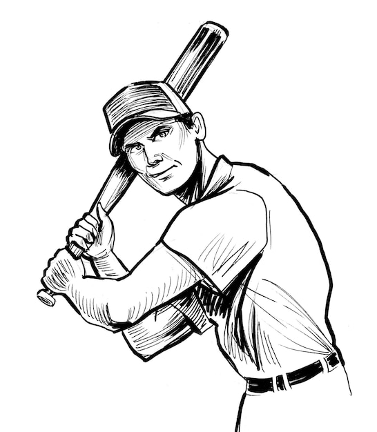 Baseball player with a bat. Ink black and white drawing