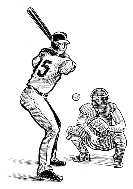 Photo baseball players ink black and white drawing