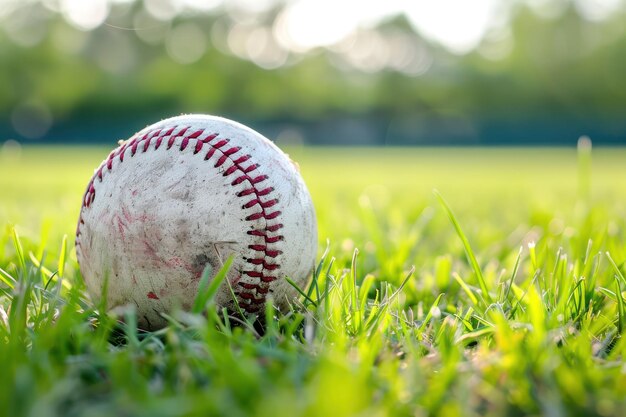 Photo baseball resting on beautiful vibrant green field under sunny sky