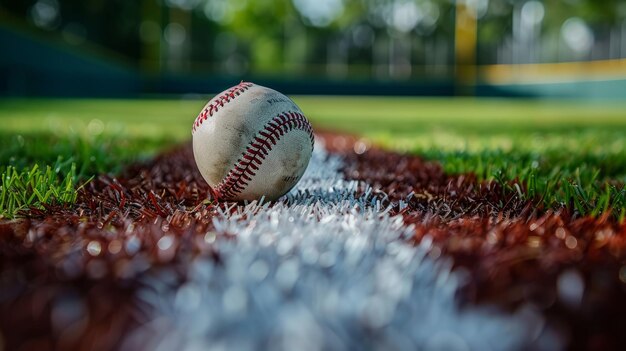 Baseball rolling on right field boundary line at afternoon practice