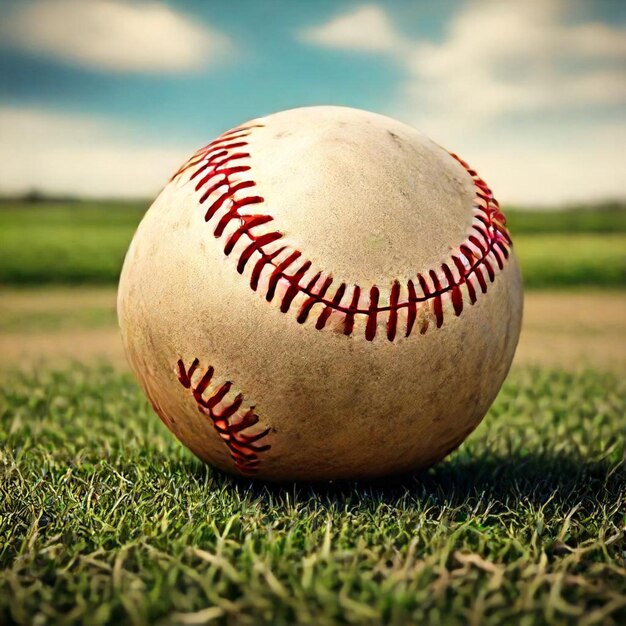 a baseball sits on the grass with a sky in the background