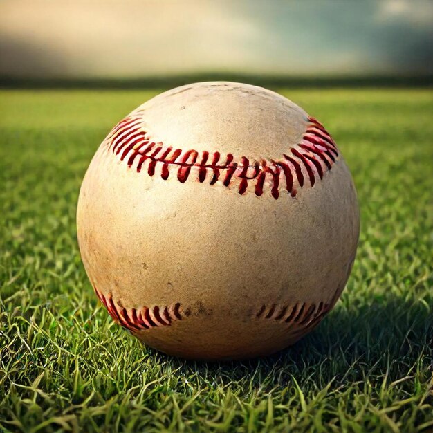 a baseball sits on the grass with the word baseball on it