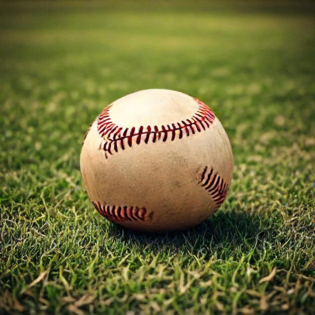 a baseball sits on the grass with the words baseball on it