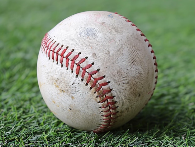 a baseball sits on the grass with the words baseball on it