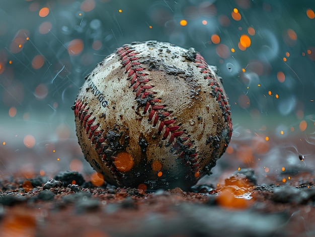 Photo a baseball sits on a muddy field with water droplets and light reflecting off the ground