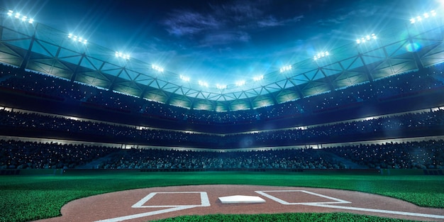 Baseball stadium with a blue sky and lights