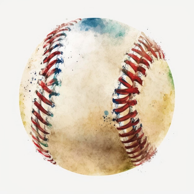 A baseball with red and blue stitching and a white ball.