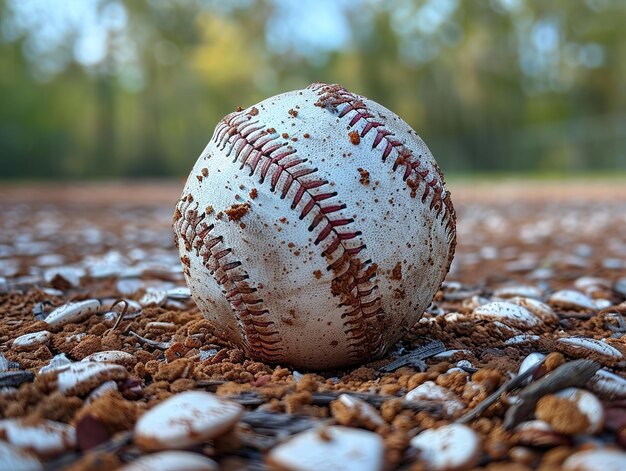 a baseball with a white and red stitching on it sits on a field