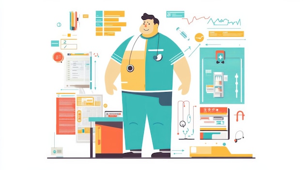 Photo based infographic illustrating healthcare professional surrounded by modern digital health analytics technology and medical tools for efficient patient management