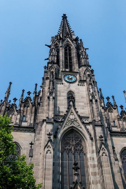 Basel, Switzerland - June 21, 2017: View on Church of Saint Elizabeth. Summer landscape, sunshine weather, blue sky and sunny day