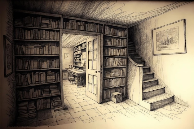 Basement with wall of books pencil sketch