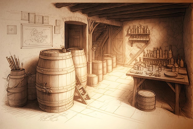 Basement with wooden barrels copper pipes and old tools in pencil sketch