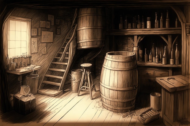 Basement with wooden barrels copper pipes and old tools in pencil sketch