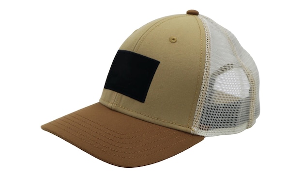 Photo basic baseball cap with mesh isolated on white background summer headdress in white brown and beige mockup for your design branding a fashionable accessory with a large visor side view