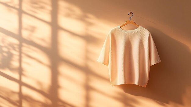 Photo basic white tshirt hanging on minimal hanger with window light casting shadows for mockup