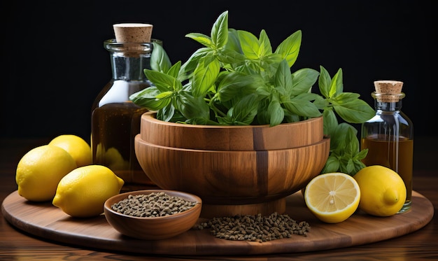 Basil in a cup on a dark background Selective soft focus