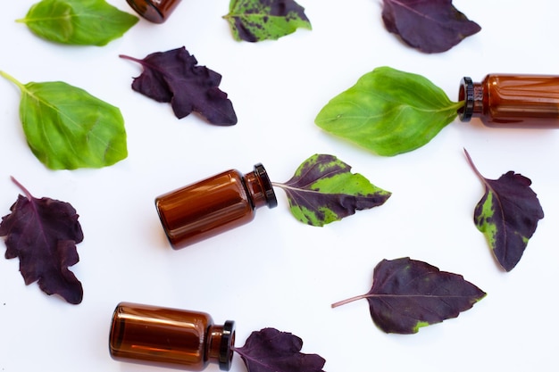 Basil leaves with bottle on white background