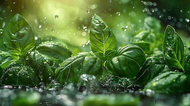 Basil leaves with water splash floating vibrant green background