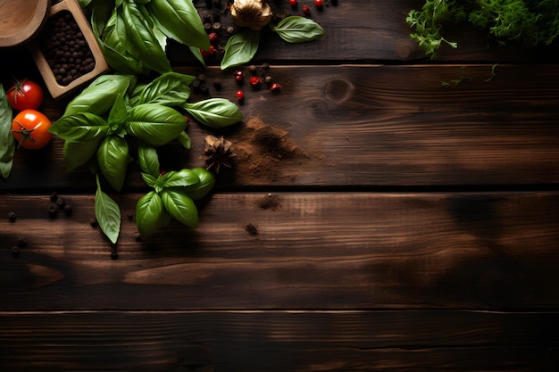 Basil and other spicy on a wooden table neural network ai generated