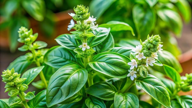 Photo basil plant green leaves with basil flowers