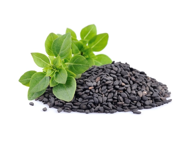 Basil seed and basil leaves isolated.