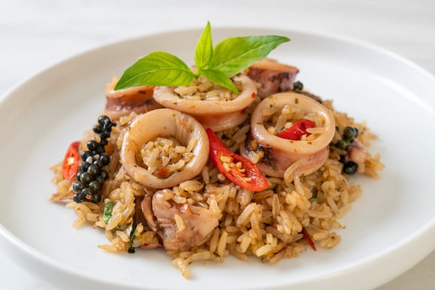 Basil and Spicy Herb Fried Rice with Squid or Octopus