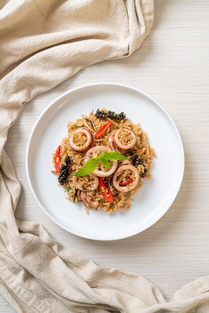 Basil and Spicy Herb Fried Rice with Squid or Octopus